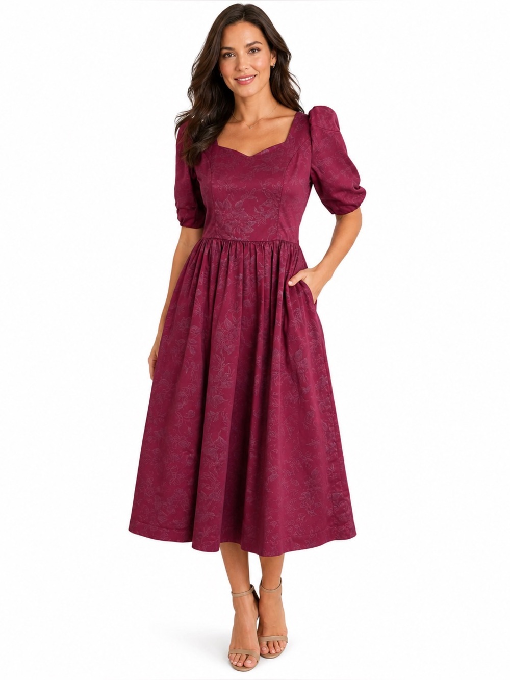 Vintage Laura Ashley Burgundy Floral Jacquard Puff Sleeve Cottagecore Dress